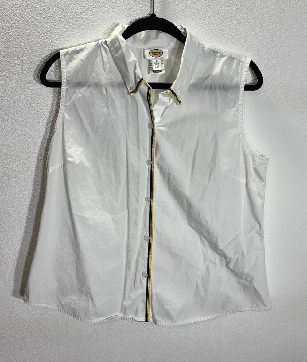 Talbots White Sleeveless Button Front Cotton Blouse Stripe Trim Womens M Y2K